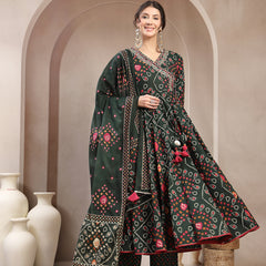 Kimayra Cotton Calf Length Printed 3/4 Sleeve Angrakha Flared Kurta Suit Set