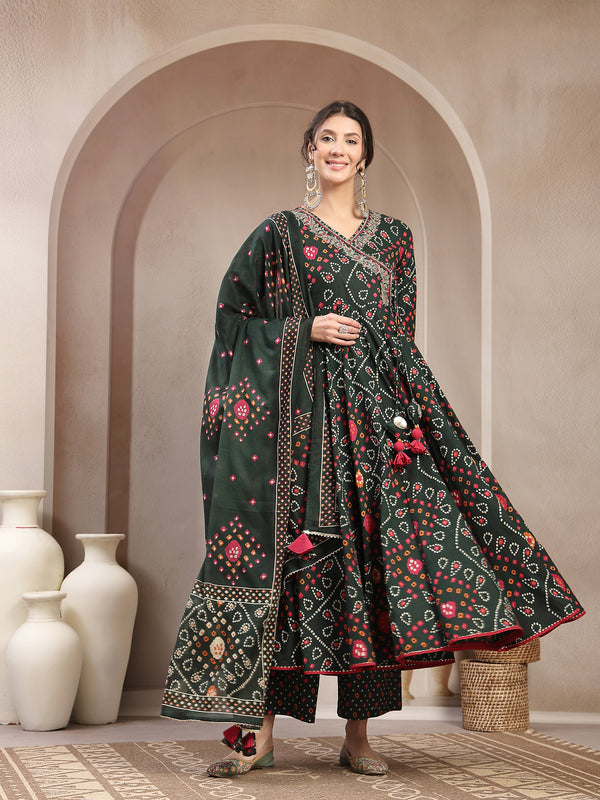 Kimayra Cotton Calf Length Printed 3/4 Sleeve Angrakha Flared Kurta Suit Set