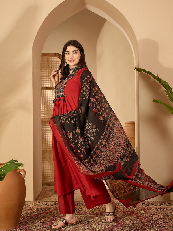 Kimayra Rayon Calf Length Solid 3/4 Sleeve V-Neck Flared Kurta Suit Set