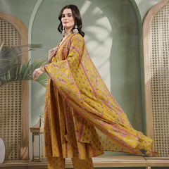 Kimayra Cotton Calf Length Printed 3/4 Sleeve V-Neck Flared Kurta Suit Set