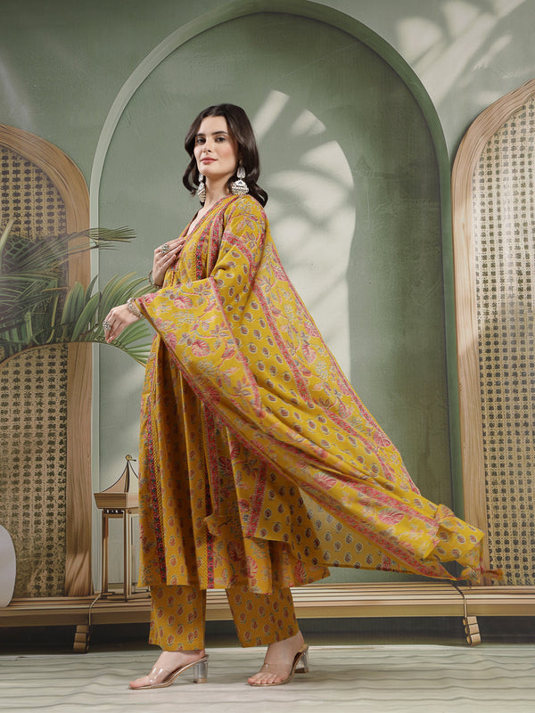 Kimayra Cotton Calf Length Printed 3/4 Sleeve V-Neck Flared Kurta Suit Set