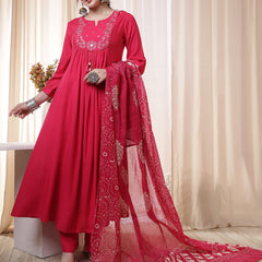 Kimayra Rayon Calf Length Solid 3/4 Sleeves Round Neck Flared Kurta Suit Set