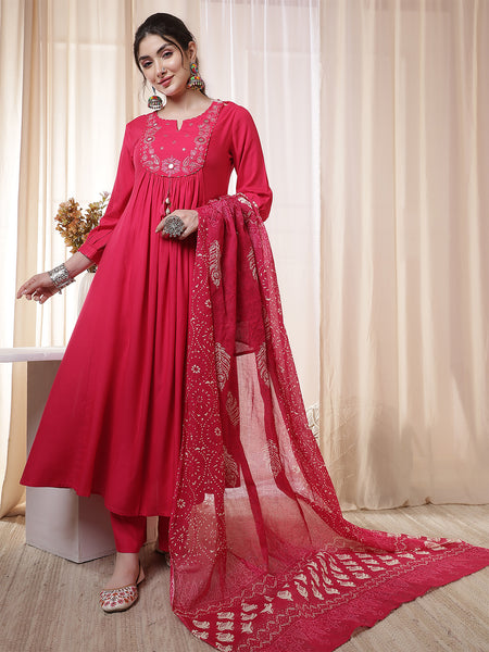 Kimayra Rayon Calf Length Solid 3/4 Sleeves Round Neck Flared Kurta Suit Set
