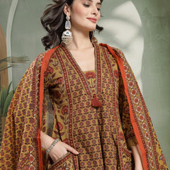 Kimayra Cotton Calf Length Printed 3/4 Sleeve V-Neck Flared Kurta Suit Set