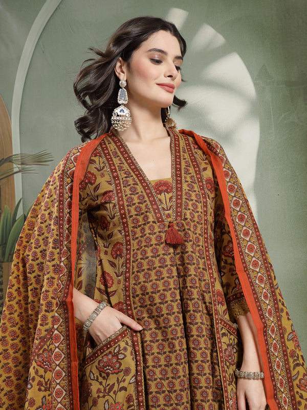 Kimayra Cotton Calf Length Printed 3/4 Sleeve V-Neck Flared Kurta Suit Set