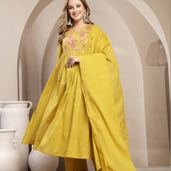 Kimayra Cotton Calf Length Solid 3/4 Sleeve V-Neck Flared Kurta Suit Set