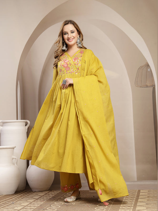 Kimayra Cotton Calf Length Solid 3/4 Sleeve V-Neck Flared Kurta Suit Set