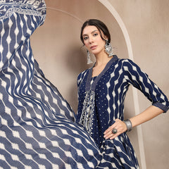 Kimayra Rayon Calf Length Printed 3/4 Sleeve V-Neck Flared Kurta Suit Set