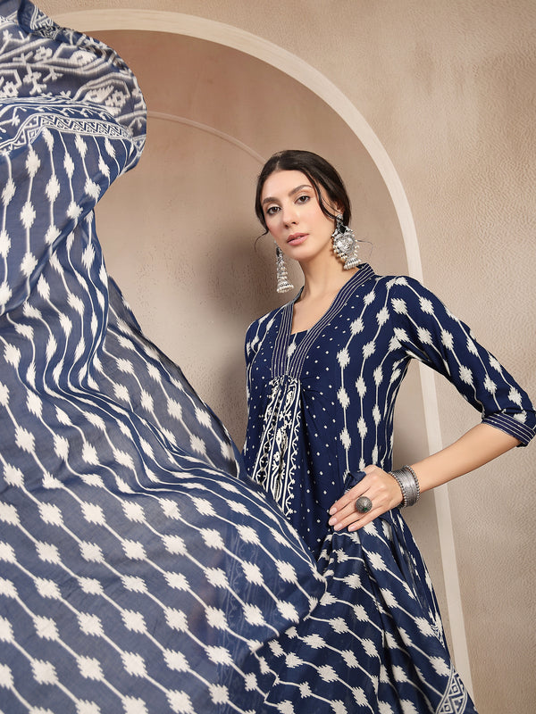 Kimayra Rayon Calf Length Printed 3/4 Sleeve V-Neck Flared Kurta Suit Set