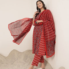 Kimayra Rayon Calf Length Printed 3/4 Sleeve Round Neck Straight Kurta Suit Set