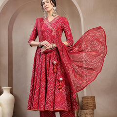 Kimayra Cotton Calf Length Printed 3/4 Sleeve Angrakha Flared Kurta Suit Set