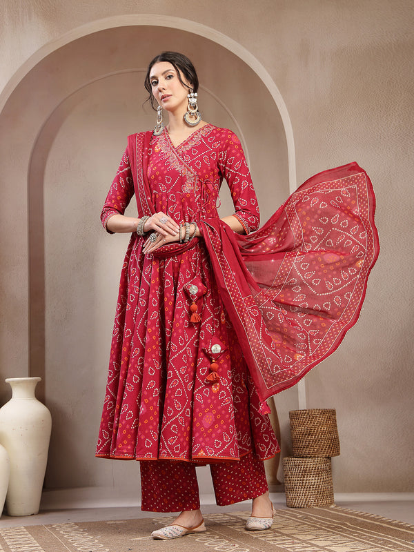 Kimayra Cotton Calf Length Printed 3/4 Sleeve Angrakha Flared Kurta Suit Set