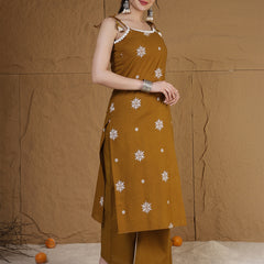 Kimayra Rayon Calf Length Printed Sleeveless Round Neck Straight Kurta Suit Set