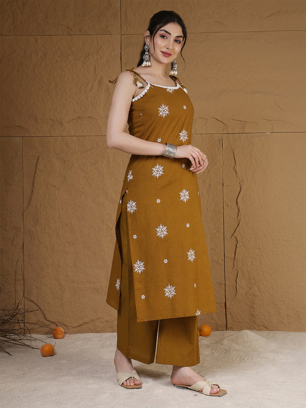 Kimayra Rayon Calf Length Printed Sleeveless Round Neck Straight Kurta Suit Set