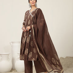 Kimayra Cotton Calf Length Printed 3/4 Sleeve V-Neck Flared Kurta Suit Set