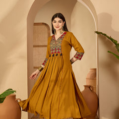 Kimayra Rayon Calf Length Solid 3/4 Sleeve V-Neck Flared Kurta Suit Set