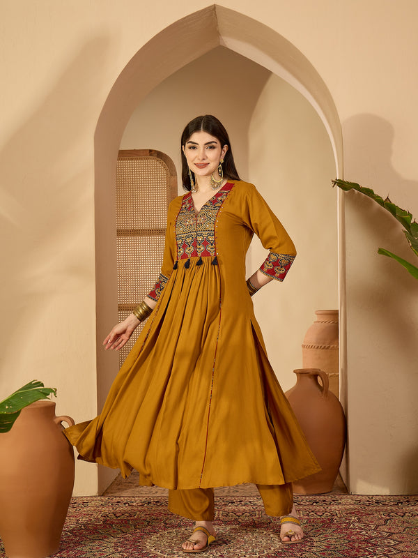 Kimayra Rayon Calf Length Solid 3/4 Sleeve V-Neck Flared Kurta Suit Set