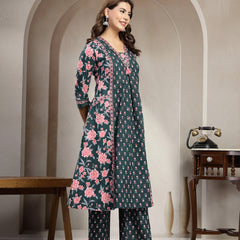Kimayra Cotton Calf Length Printed 3/4 Sleeve V-Neck Flared Kurta Suit Set