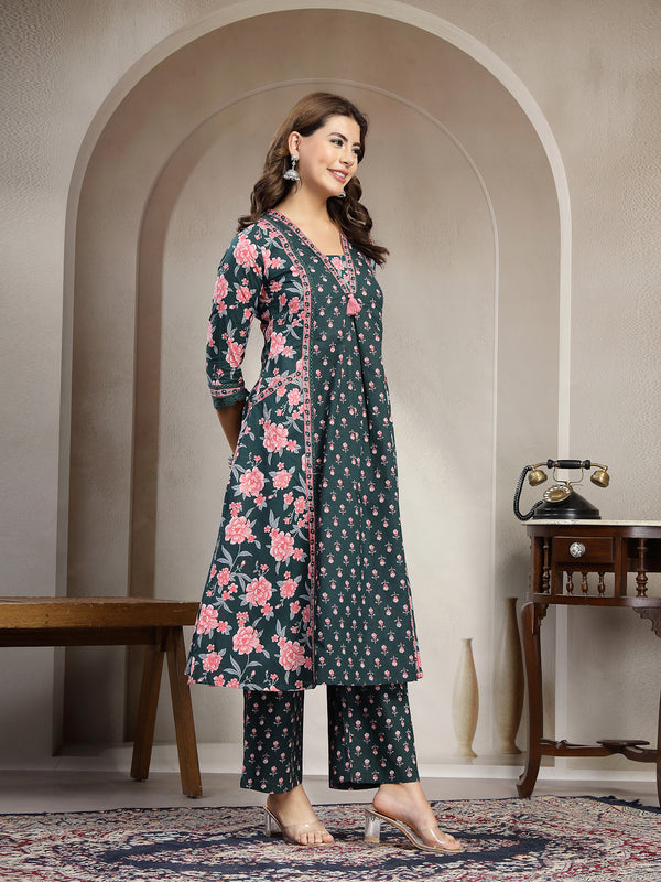 Kimayra Cotton Calf Length Printed 3/4 Sleeve V-Neck Flared Kurta Suit Set