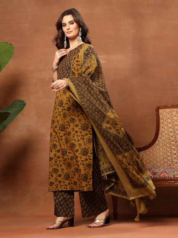 Kimayra Cotton Calf Length Printed 3/4 Sleeve Round Neck Straight Kurta Suit Set