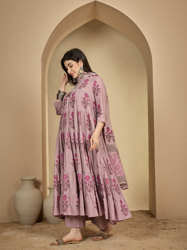 Kimayra Cotton Calf Length Printed 3/4 Sleeve Key Hole Neck Anarkali Kurta Suit Set