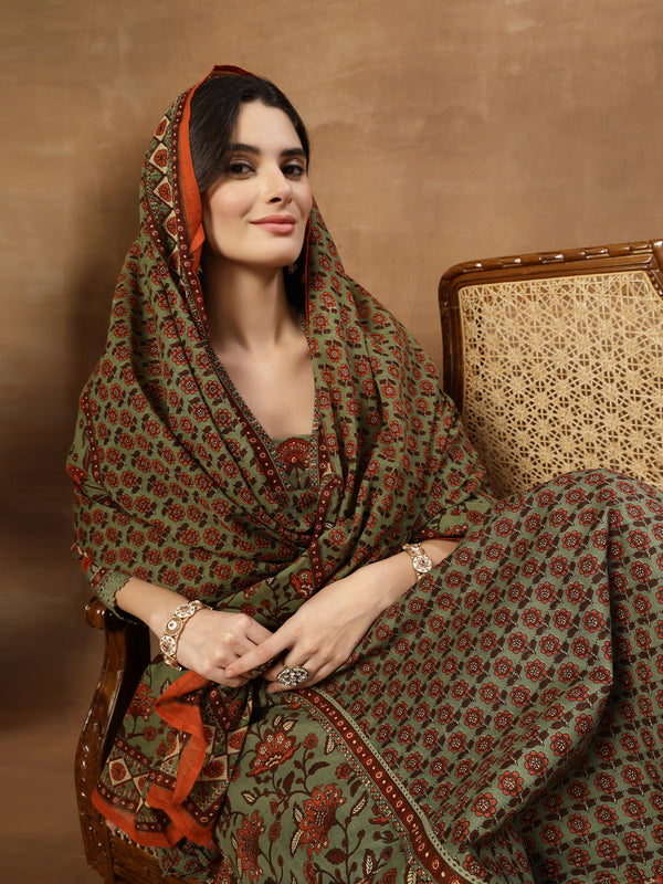 Kimayra Cotton Calf Length Printed 3/4 Sleeve V-Neck Flared Kurta Suit Set