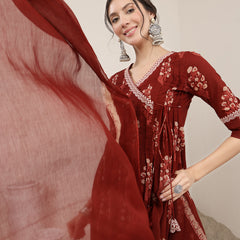 Kimayra Cotton Calf Length Printed 3/4 Sleeve V-Neck Flared Kurta Suit Set