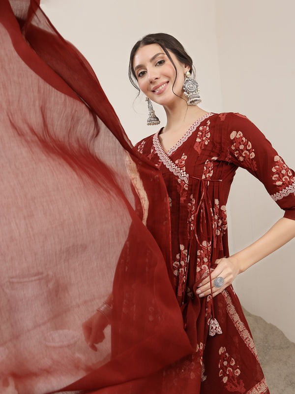 Kimayra Cotton Calf Length Printed 3/4 Sleeve V-Neck Flared Kurta Suit Set