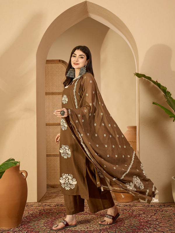Kimayra Cotton Calf Length Printed Sleeveless Round Neck Straight Kurta Suit Set