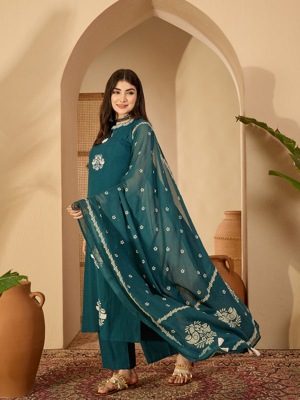 Kimayra Cotton Calf Length Printed Sleeveless Round Neck Straight Kurta Suit Set