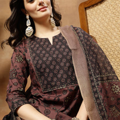 Kimayra Cotton Calf Length Printed 3/4 Sleeve Round Neck Straight Kurta Suit Set