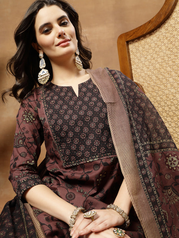 Kimayra Cotton Calf Length Printed 3/4 Sleeve Round Neck Straight Kurta Suit Set