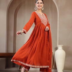 Kimayra Cotton Calf Length Solid 3/4 Sleeve Round Neck Flared Kurta Suit Set