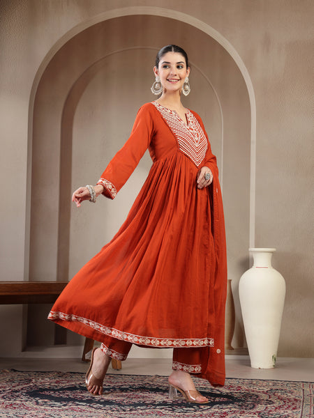 Kimayra Cotton Calf Length Solid 3/4 Sleeve Round Neck Flared Kurta Suit Set