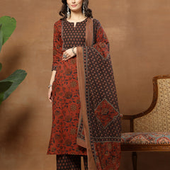 Kimayra Cotton Calf Length Printed 3/4 Sleeve Round Neck Straight Kurta Suit Set