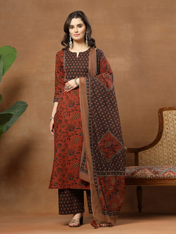 Kimayra Cotton Calf Length Printed 3/4 Sleeve Round Neck Straight Kurta Suit Set