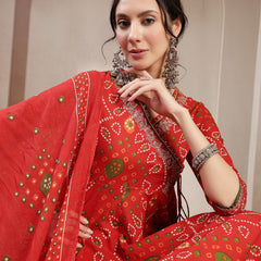 Kimayra Cotton Calf Length Printed 3/4 Sleeve Angrakha Flared Kurta Suit Set