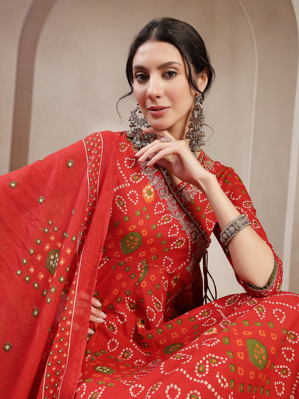 Kimayra Cotton Calf Length Printed 3/4 Sleeve Angrakha Flared Kurta Suit Set
