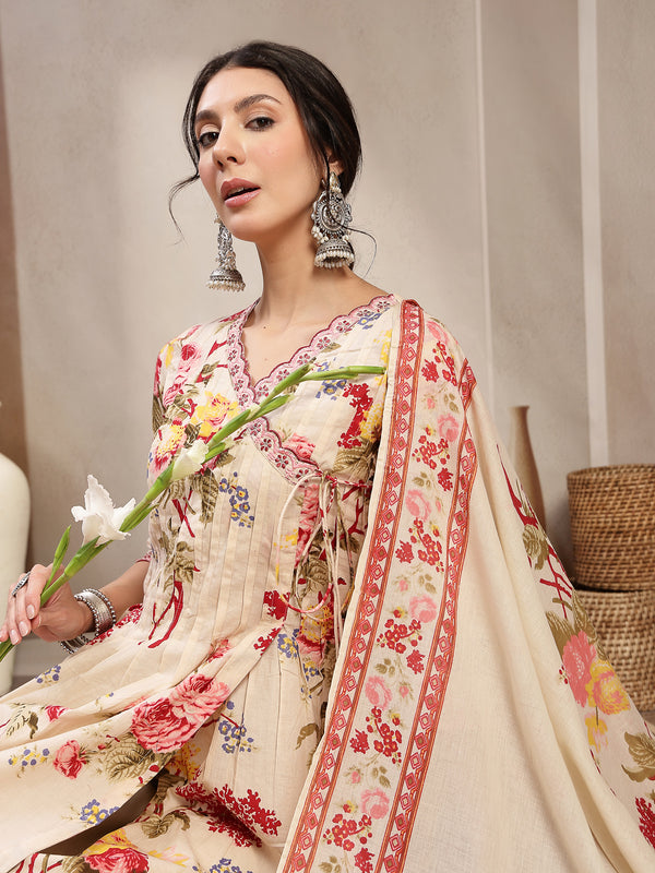 Kimayra Cotton Calf Length Printed 3/4 Sleeve V-Neck Flared Kurta Suit Set