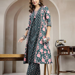 Kimayra Cotton Calf Length Printed 3/4 Sleeve V-Neck Flared Kurta Suit Set
