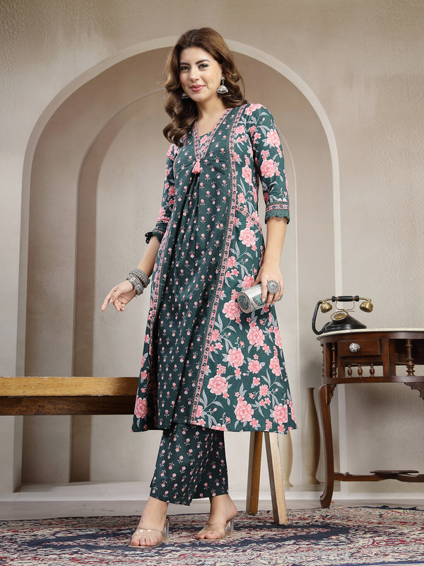 Kimayra Cotton Calf Length Printed 3/4 Sleeve V-Neck Flared Kurta Suit Set