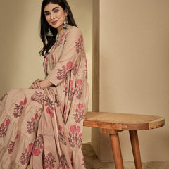 Kimayra Cotton Calf Length Printed 3/4 Sleeve Key Hole Neck Anarkali Kurta Suit Set
