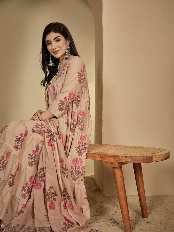 Kimayra Cotton Calf Length Printed 3/4 Sleeve Key Hole Neck Anarkali Kurta Suit Set