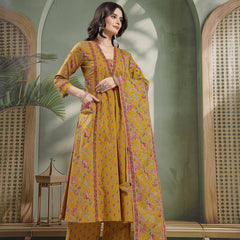 Kimayra Cotton Calf Length Printed 3/4 Sleeve V-Neck Flared Kurta Suit Set