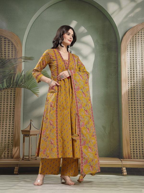 Kimayra Cotton Calf Length Printed 3/4 Sleeve V-Neck Flared Kurta Suit Set