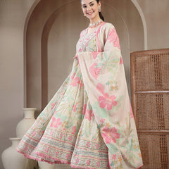Kimayra Cotton Calf Length Printed 3/4 Sleeve V Neck Flared Kurta Suit Set