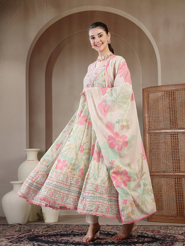 Kimayra Cotton Calf Length Printed 3/4 Sleeve V Neck Flared Kurta Suit Set
