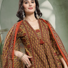 Kimayra Cotton Calf Length Printed 3/4 Sleeve V-Neck Flared Kurta Suit Set
