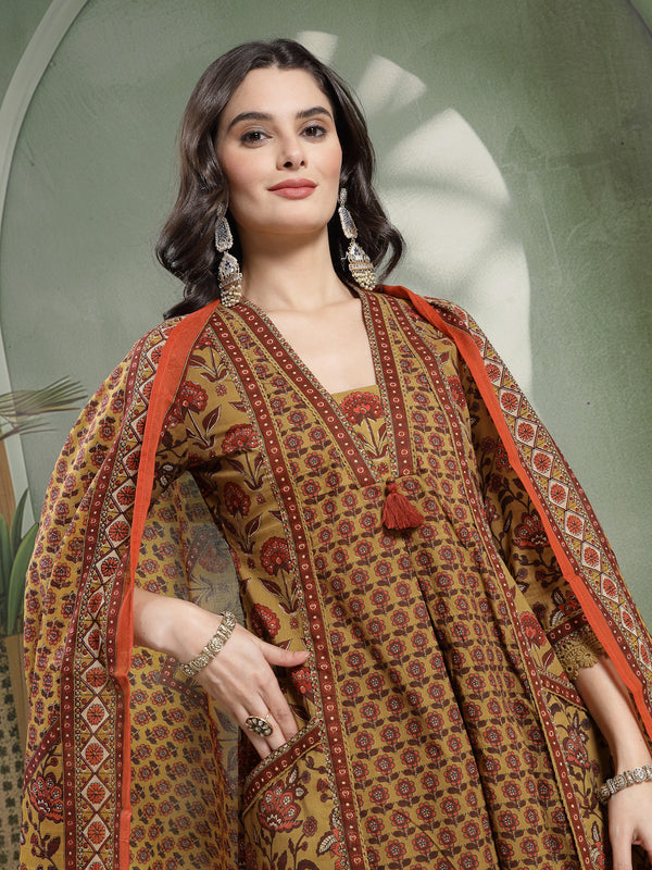 Kimayra Cotton Calf Length Printed 3/4 Sleeve V-Neck Flared Kurta Suit Set