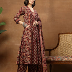 Kimayra Cotton Calf Length Printed 3/4 Sleeve V-Neck Flared Kurta Suit Set